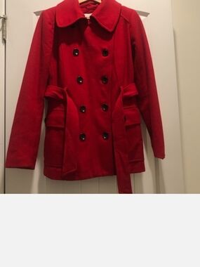 New York & Company Red Double-Breasted Peacoat with Belt